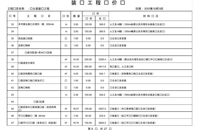 辦公室裝修費用預算表