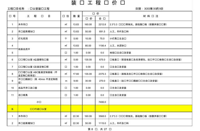 辦公室裝修費用預算表