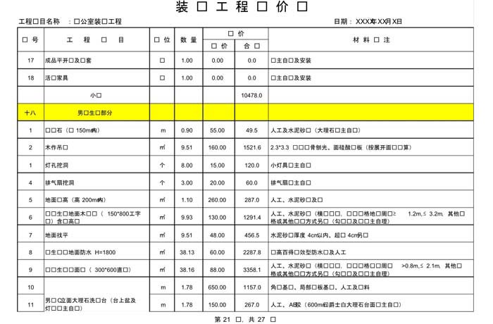 辦公室裝修費用預算表