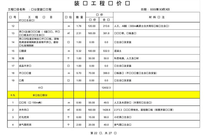 辦公室裝修費用預算表