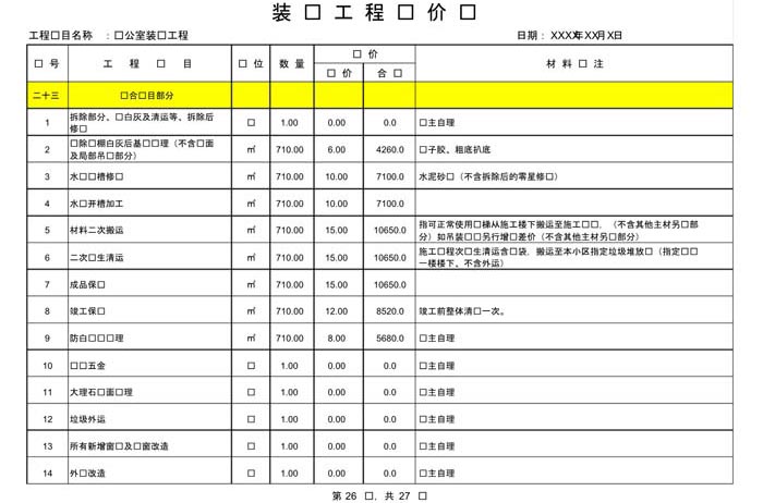 辦公室裝修費用預算表